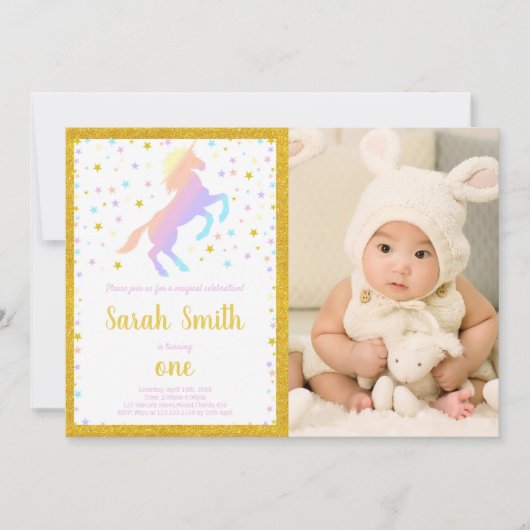 Rainbow Unicorn Invitations avec photo (Devant)