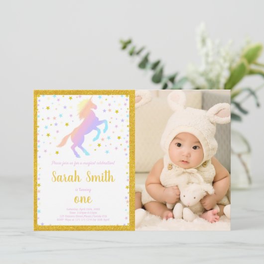 Rainbow Unicorn Invitations avec photo (Debout devant)
