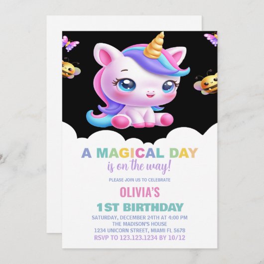 Rainbow Unicorn Invitations d'anniversaire (Devant / Derrière)