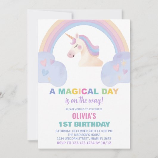 Rainbow Unicorn Invitations d'anniversaire (Devant)