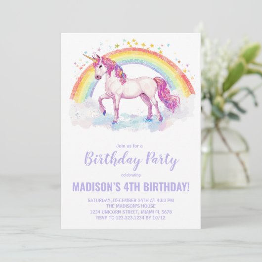 Rainbow Unicorn Invitations d'anniversaire (Debout devant)