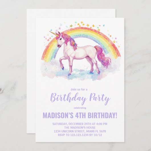 Rainbow Unicorn Invitations d'anniversaire (Devant / Derrière)