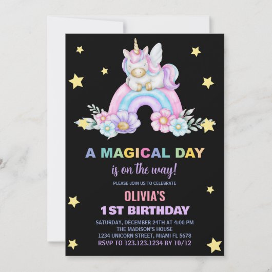 Rainbow Unicorn Invitations d'anniversaire (Devant)