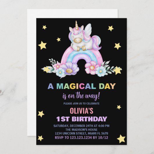 Rainbow Unicorn Invitations d'anniversaire (Devant / Derrière)