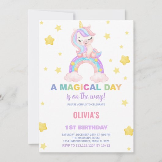Rainbow Unicorn Invitations d'anniversaire (Devant)
