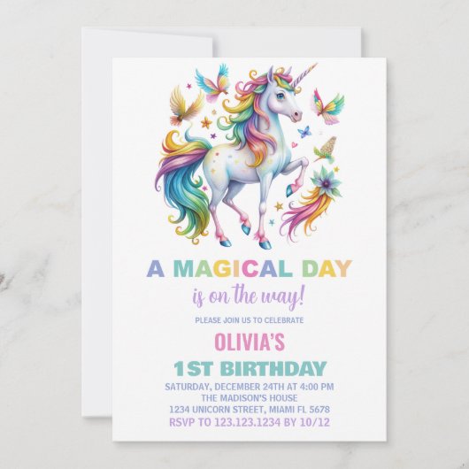 Rainbow Unicorn Invitations d'anniversaire (Devant)