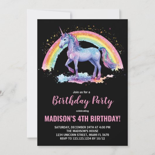 Rainbow Unicorn Invitations d'anniversaire (Devant)