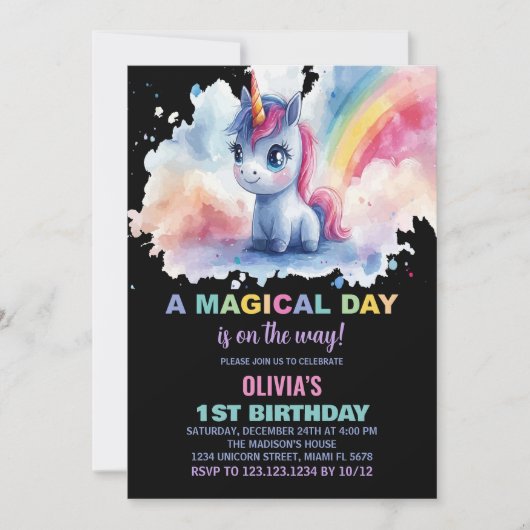 Rainbow Unicorn Invitations d'anniversaire (Devant)