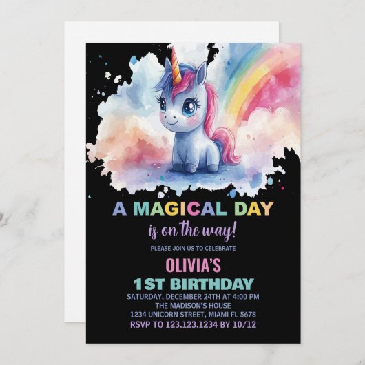 Rainbow Unicorn Invitations d'anniversaire (Devant / Derrière)