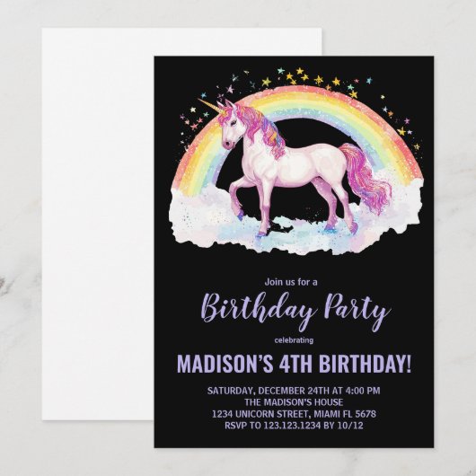 Rainbow Unicorn Invitations d'anniversaire (Devant / Derrière)