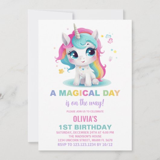 Rainbow Unicorn Invitations d'anniversaire (Devant)