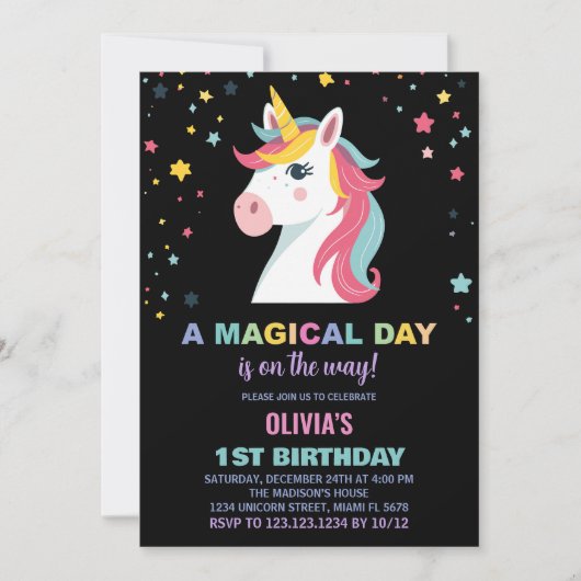 Rainbow Unicorn Invitations d'anniversaire (Devant)