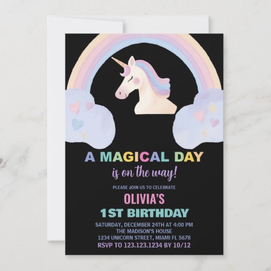 Rainbow Unicorn Invitations d'anniversaire (Devant)
