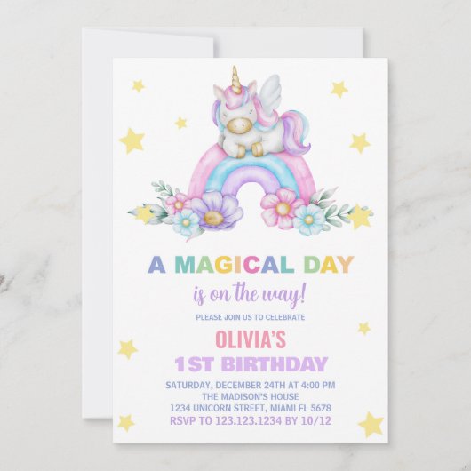 Rainbow Unicorn Invitations d'anniversaire (Devant)