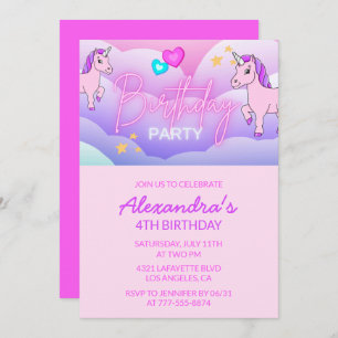 Rainbow Unicorn Invitations d'anniversaire 4th Gir
