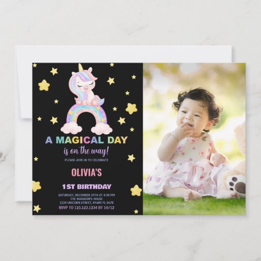 Rainbow Unicorn Invitations d'anniversaire avec ph (Devant)