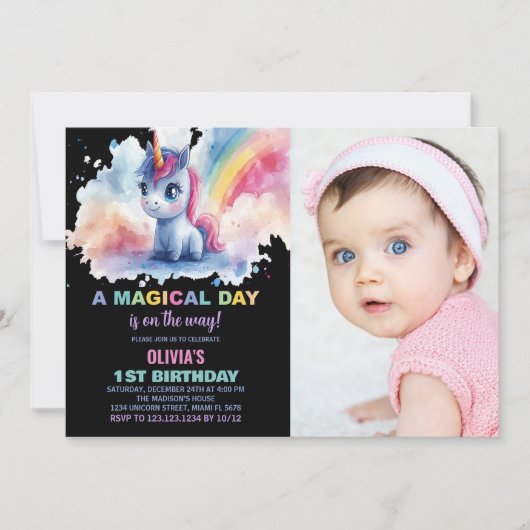 Rainbow Unicorn Invitations d'anniversaire avec ph (Devant)