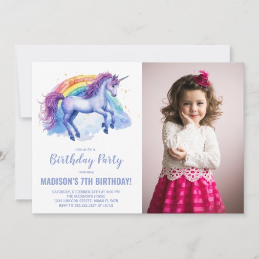 Rainbow Unicorn Invitations d'anniversaire avec ph (Devant)