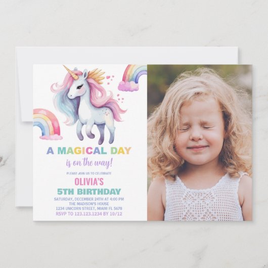 Rainbow Unicorn Invitations d'anniversaire avec ph (Devant)
