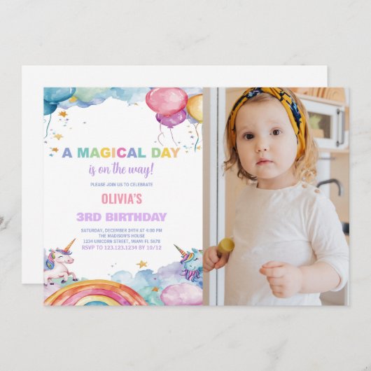 Rainbow Unicorn Invitations d'anniversaire avec ph (Devant / Derrière)