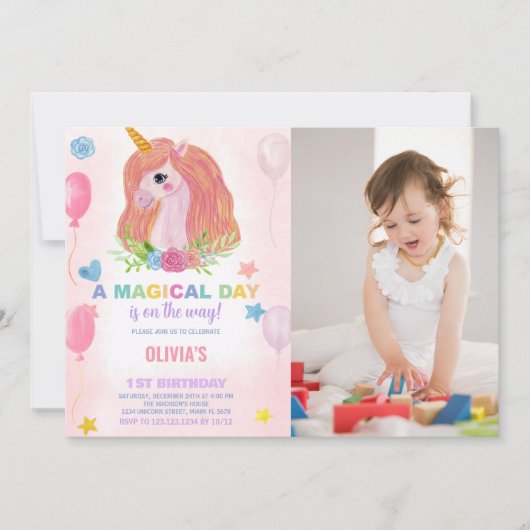 Rainbow Unicorn Invitations d'anniversaire avec ph (Devant)