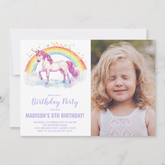 Rainbow Unicorn Invitations d'anniversaire avec ph (Devant)