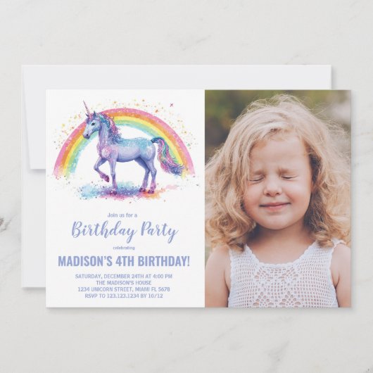 Rainbow Unicorn Invitations d'anniversaire avec ph (Devant)