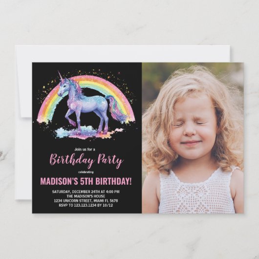 Rainbow Unicorn Invitations d'anniversaire avec ph (Devant)