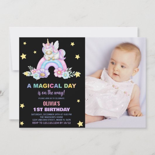Rainbow Unicorn Invitations d'anniversaire avec ph (Devant)