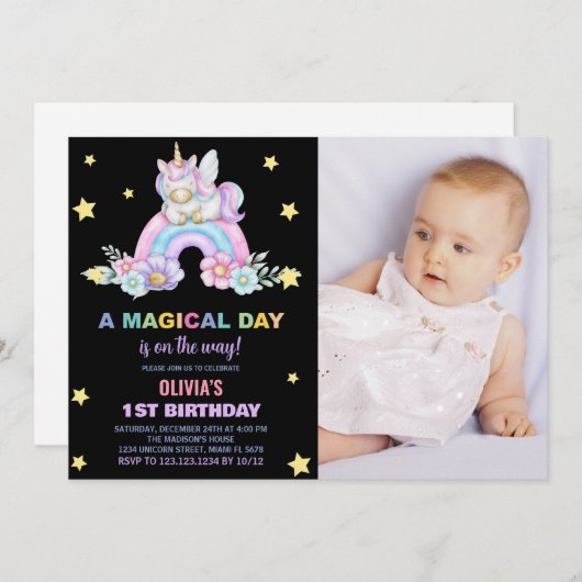 Rainbow Unicorn Invitations d'anniversaire avec ph (Devant / Derrière)