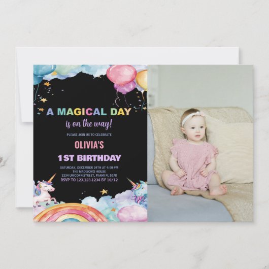 Rainbow Unicorn Invitations d'anniversaire avec ph (Devant)