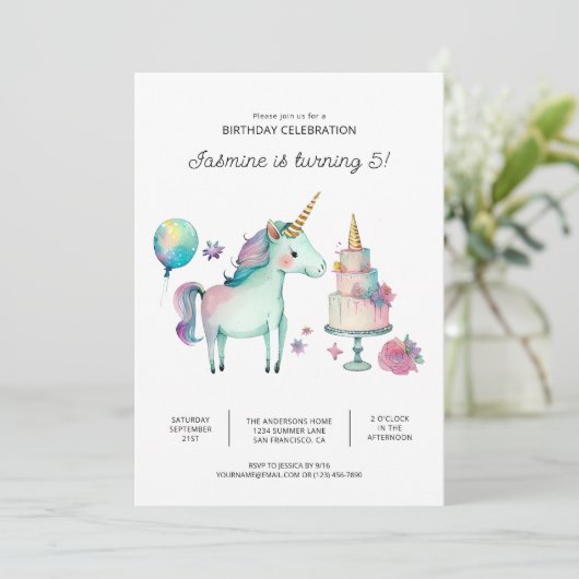 Rainbow Unicorn Invitations de fête d'anniversaire (Debout devant)