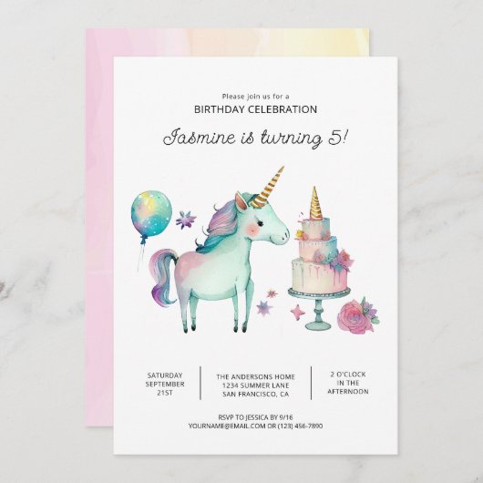 Rainbow Unicorn Invitations de fête d'anniversaire (Devant / Derrière)
