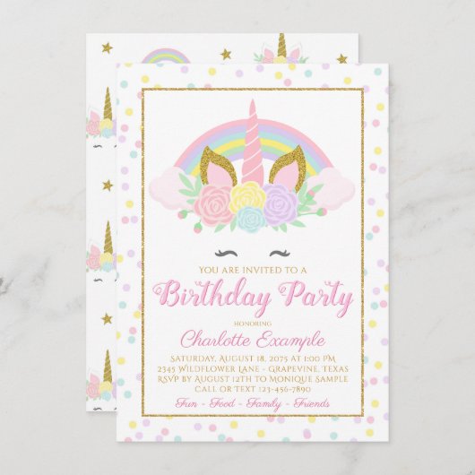 Rainbow Unicorn Invitations de fête d'anniversaire (Devant / Derrière)