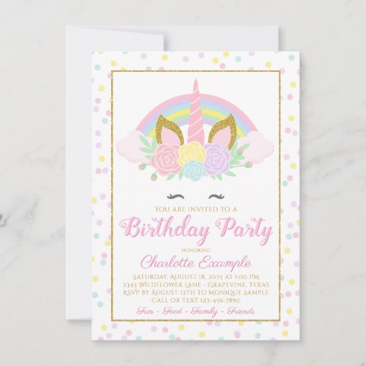 Rainbow Unicorn Invitations de fête d'anniversaire (Devant)