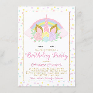 Rainbow Unicorn Invitations de fête d'anniversaire