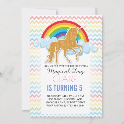Rainbow Unicorn Invitations pour la fête d'anniver (Devant)