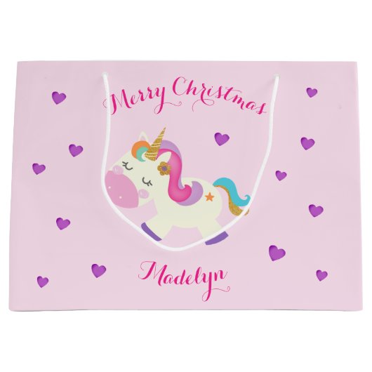 Rainbow Unicorn Kerstmis Glitter Pink Groot Cadeauzakje (Voorkant)