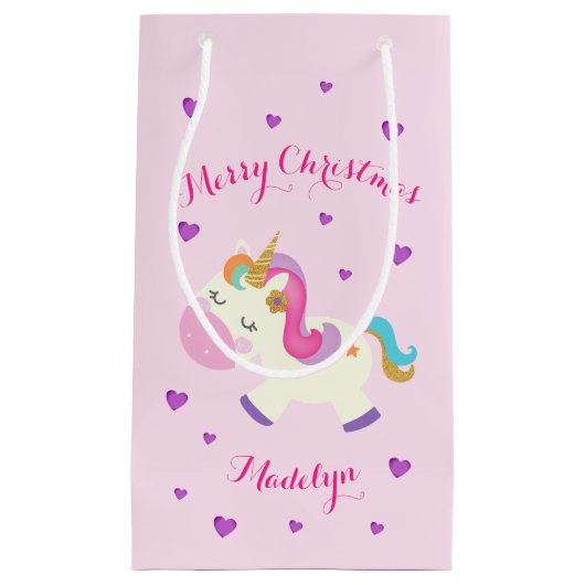 Rainbow Unicorn Kerstmis Glitter Pink Klein Cadeauzakje (Voorkant)