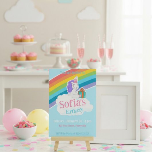 Rainbow Unicorn Kids Party Invitation
