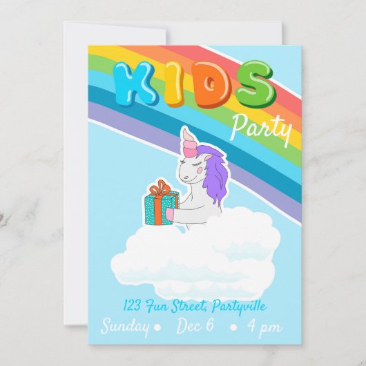 Rainbow Unicorn Kinder Partij Uitnodiging (Voorkant)