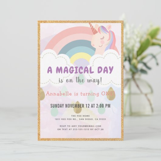 Rainbow & Unicorn Magisch Goud Verjaardag Kaart (Staand voorkant)