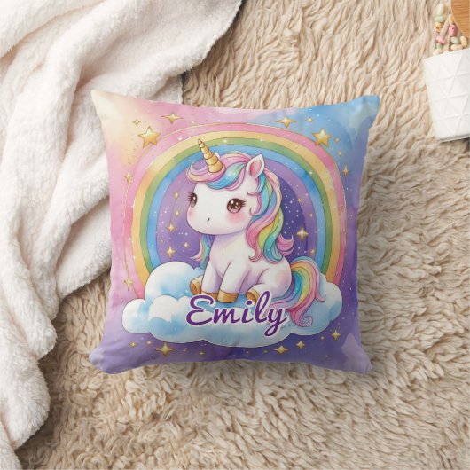 Rainbow Unicorn op Cloud Bewerkbare Naam Kussen (Deken)