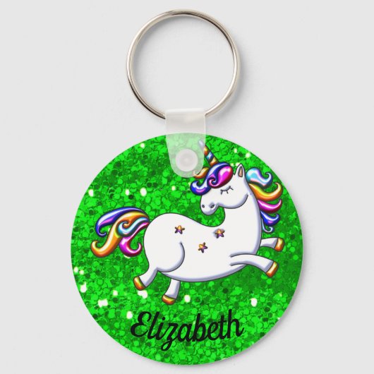 Rainbow Unicorn op Green Glitter Sleutelhanger (Voorkant)