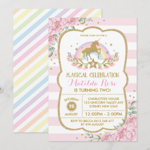 Rainbow Unicorn Party Anniversaire Invitation rose