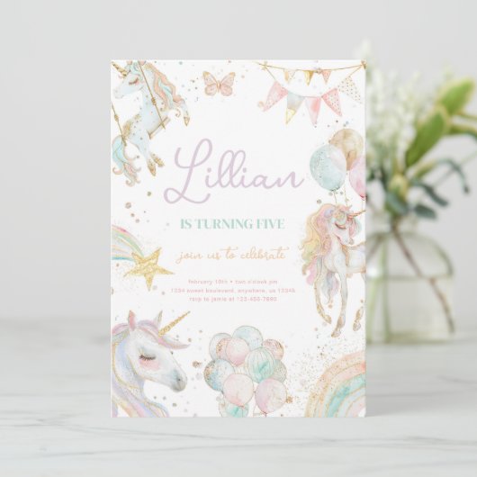 Rainbow Unicorn Pastel Invitation d'anniversaire (Debout devant)