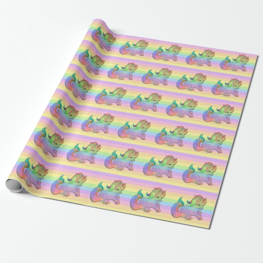 Rainbow Unicorn Pastel Striped Cadeaupapier (Uitgerold)