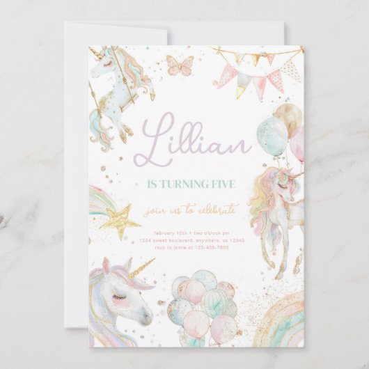 Rainbow Unicorn Pastel Verjaardag uitnodiging (Voorkant)
