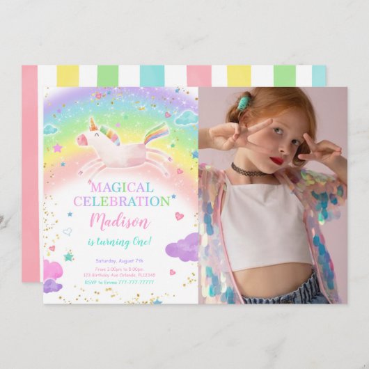 Rainbow Unicorn Photo Invitation (Devant / Derrière)