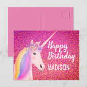 Rainbow Unicorn Pink Faux Glitter Verjaardag Briefkaart (Voorkant / Achterkant)